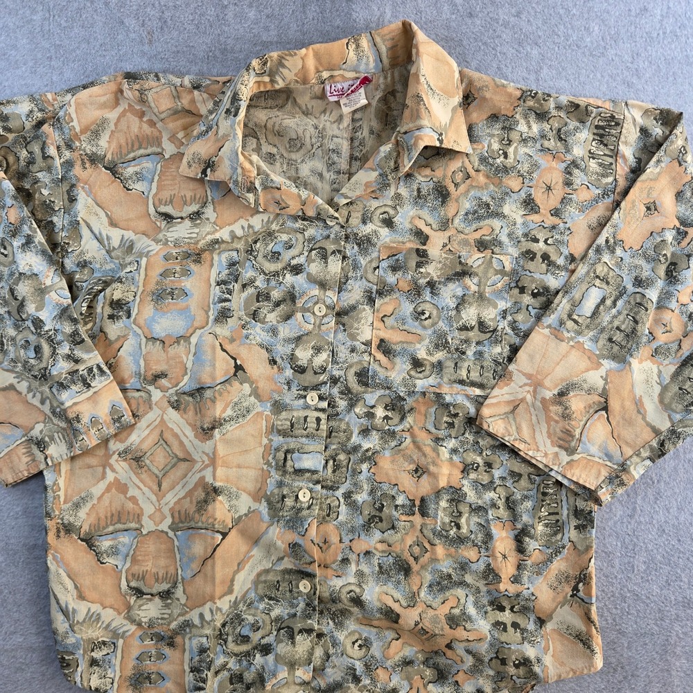 Live It Up! Vintage Abstract Print Shirt Womens Size 12 Tan Blue Retro USA Made